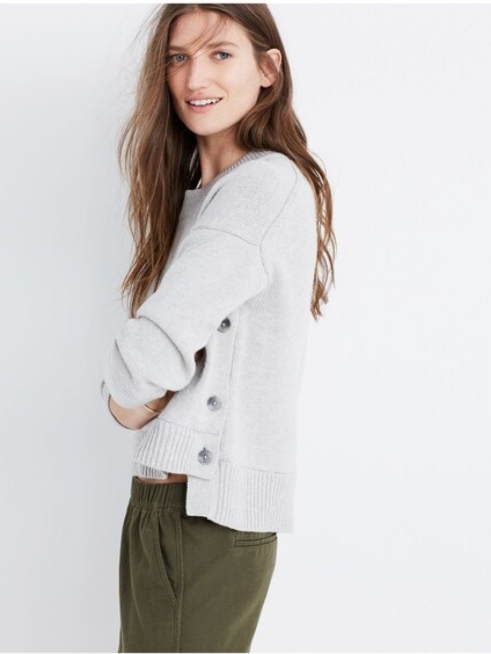 Madewell Small Brownstone Side Button Sweater In Heathered Dove